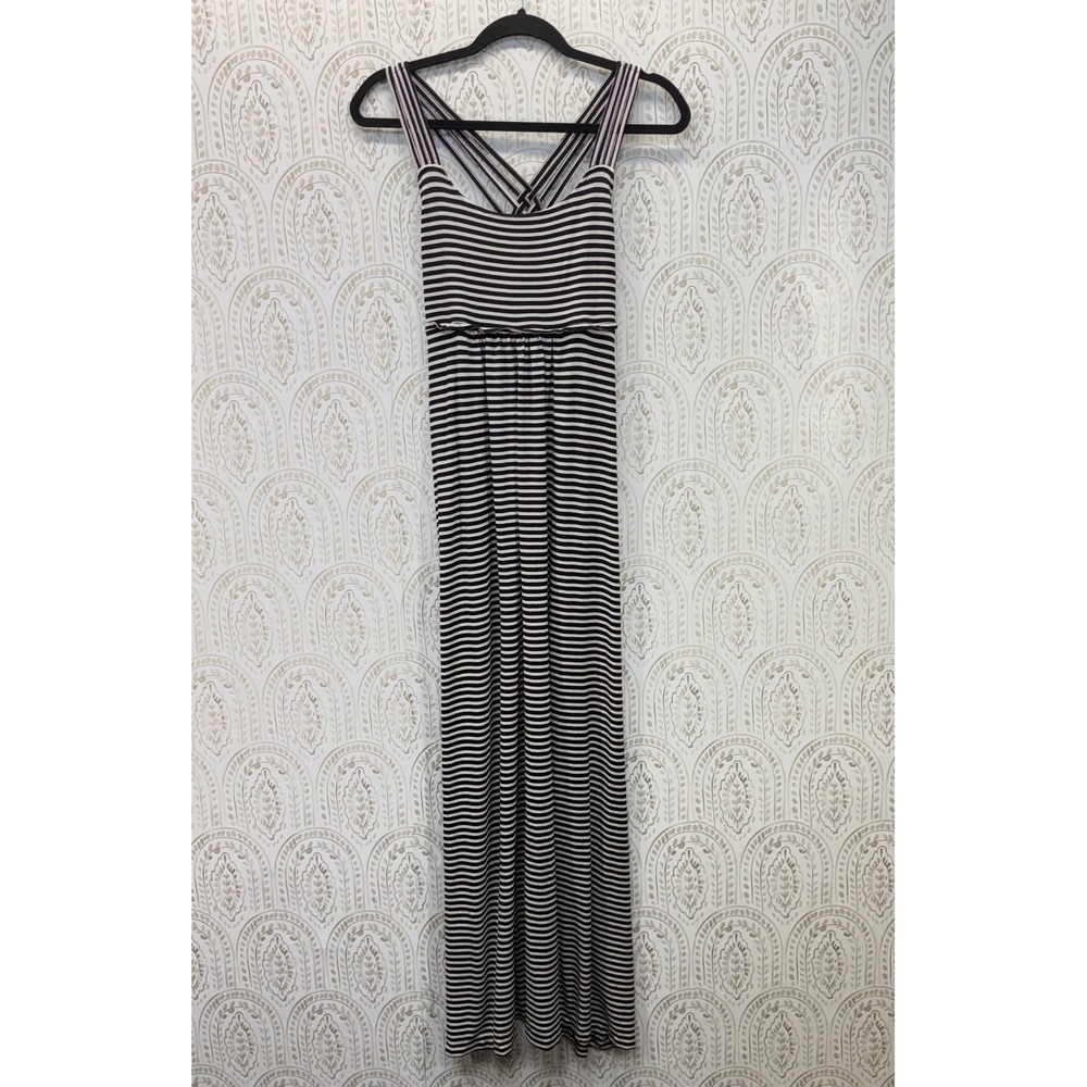 Calvin Klein Maxi Dress Womens 4 Black White Striped Strappy Criss Cross Back